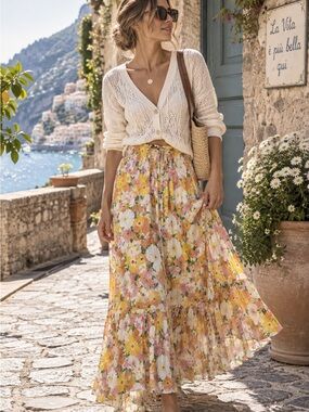 Rachel Zoe Floral Maxi Skirt Yellow Pink Boho Cottagecore Romantic Vacation Chic